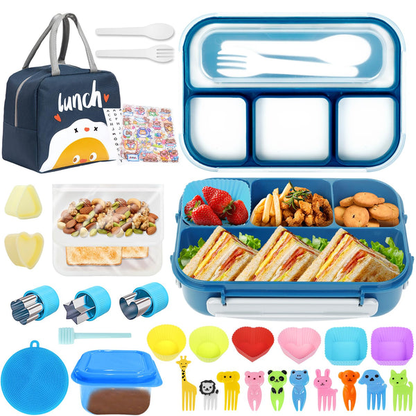 Wotplay 1300ml Bento Box, Lunch Box with 5 Compartments with Lunchbox Bag, Spoon and Fork, Leak-Proof Bento Lunch Box for Kids, Adults, School, Picnic, Travel, Microwave Safe (Blue)