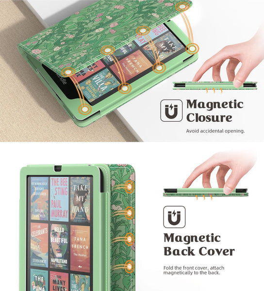 MoKo Case for 7"/6.8" Kindle Paperwhite(12th/11th Gen-2024/2021) and Kindle Colorsoft Signature Edition, Slim PU Shell Cover Case with Auto-Wake/Sleep for Kindle Paperwhite 2024, Green Flower