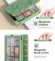 MoKo Case for 7"/6.8" Kindle Paperwhite(12th/11th Gen-2024/2021) and Kindle Colorsoft Signature Edition, Slim PU Shell Cover Case with Auto-Wake/Sleep for Kindle Paperwhite 2024, Green Flower