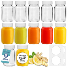 HEFTMAN Glass Shot Bottles with Lids - 12 Pack 60ml Empty Mini Bottles for Ginger Shots with Cleaning Brush & Labels - Reusable, Clear, Airtight - Ideal for Juice, Oils, Sauces, Medicine