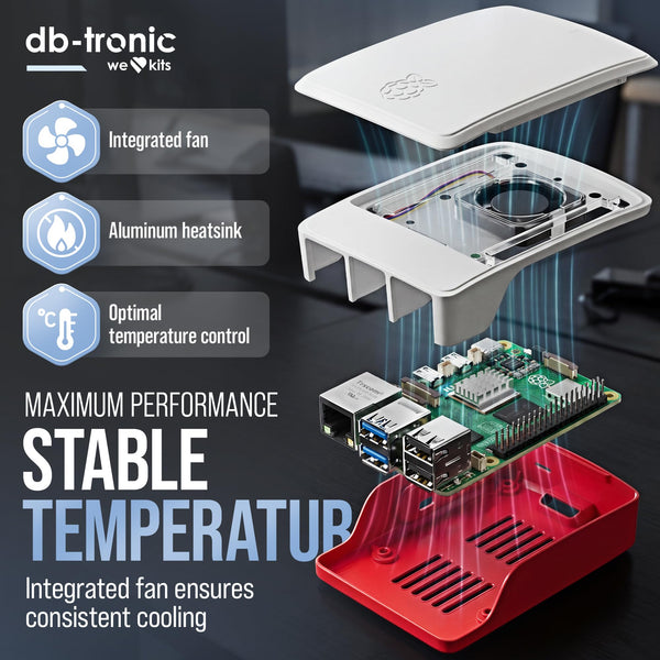 db-tronic Raspberry Pi 5 8GB Starter Kit | 128GB Edition | 27W Power Supply | Case with Cooling Fan | Heatsink | 4K Micro HDMI Cable | Ideal for Smart Home, Retro Gaming & Home Assistant