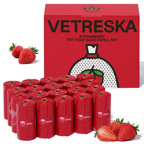 VETRESKA Dog Poop Bags 300 Count - 20 Strawberry Scented Refill Rolls