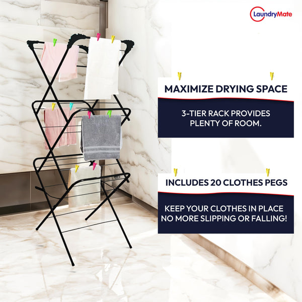 Laundry Mate 3-Tier Clothes Airer with 20 Pegs – Foldable Laundry Drying Rack with Non-Slip Feet - Durable Steel Frame, Extra Large Drying Space - Ideal For Indoor & Outdoor (Black)