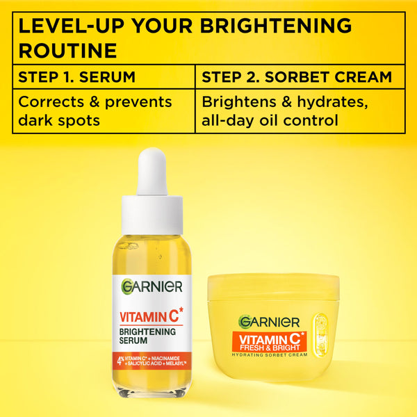 Garnier Vitamin C* Fresh & Bright Hydrating Sorbet Cream, 4% Vitamin C* & Niacinamide, Ultra Fresh & Light, For Dull, Uneven Skin, Cruelty Free International & Vegan - 85ml