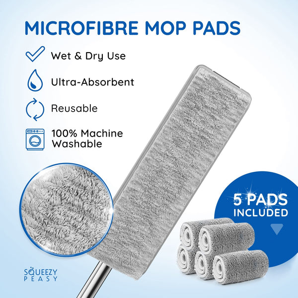 SqueezyPeasy Premium Flat Mop and Bucket Set for Floor Cleaning - Compact & Lightweight Cleaning System with 360 Rotating Head - 5 Microfibre Reusable Wet and Dry Mop Pads Included - 3 Chamber Design