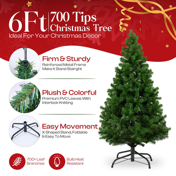 KLASS 6ft Christmas Tree 700 Tips Lush Xmas Tree Premium PVC Realistic Artificial Christmas Tree With Metal Stand, Green Christmas Trees in 4ft, 5ft, 6 ft 7ft Sizes Perfect Christmas Decoration (6ft)