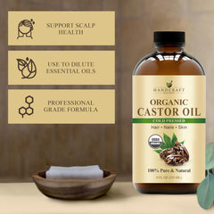 Handcraft Blends Cold-Pressed Organic Castor Oil 236 ml | Glass Bottle | 100% Pure and Natural | Premium Grade Carrier Oil | Hair, Eyelashes and Eyebrows | Hair and Body | Ayurvedic Hair Care