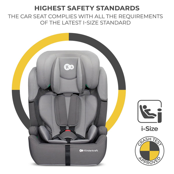 Kinderkraft Car Seat Comfort UP, I-Size Booster Child Seat, with 5 Point Harness, Adjustable Headrest, for Toddlers, Infant, Group 1/2/3, 9-36 Kg, Up to 12 Years, Gray