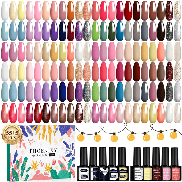 Phoenixy Gel Nail Polish - 60pcs 7ml Gel Nail Polish Set UV Soak-off Nail Polish with Base Coat and Glossy Matte Glitter Top Coat Nail Varnish Sets Manicure Kit for Women
