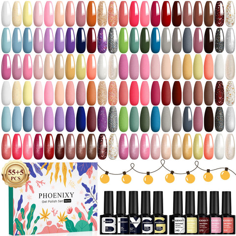 Phoenixy Gel Nail Polish - 60pcs 7ml Gel Nail Polish Set UV Soak-off Nail Polish with Base Coat and Glossy Matte Glitter Top Coat Nail Varnish Sets Manicure Kit for Women