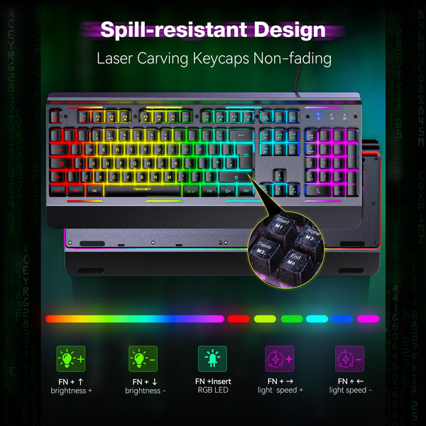 TECKNET RGB Gaming Keyboard UK Layout, USB Wired Computer Keyboard with 15-Zone RGB Illumination, All-Metal Panel, 25 Anti-ghosting Keys, 105 Keys, IP32 Water & Dust Resistant, 90% Quiet Keyboards
