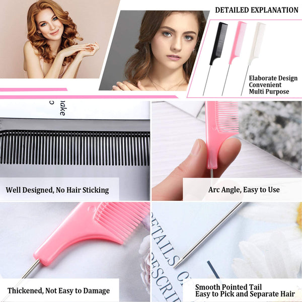 JANYUN 3 Pcs Rat Tail Combs Salon Hairdressing Comb with Stainless Steel Handle, Fine Tooth Combs for Women, Barber