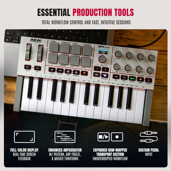 Akai Professional MPK Mini IV USB-C MIDI Keyboard Controller for Beginners and Producers - MPC Drum Pads, 360° Knobs, Pitch and Mod Wheels, Production Software, Native Instruments Sound Package, Grey