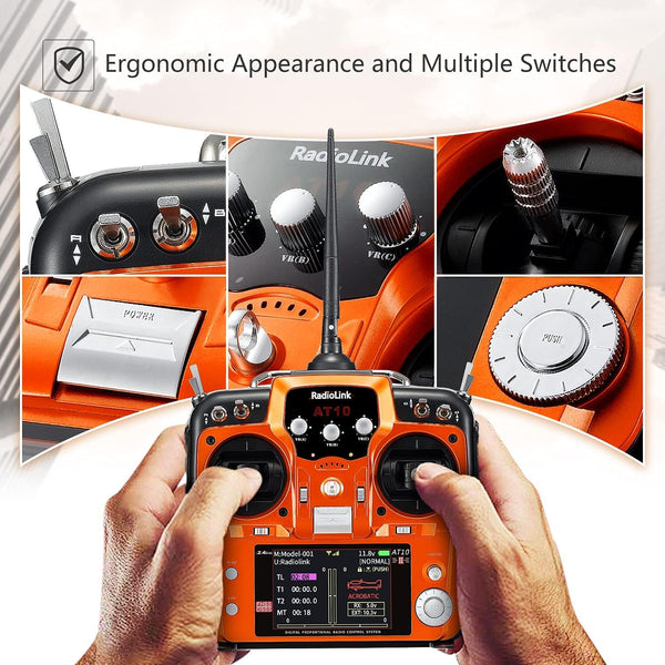 Radiolink AT10II 12 Channels RC Transmitter and R12DS Receiver Kit with PRM-01,Voltage Telemetry,2.4GHz Radio 4KM Remote Controller Receiver Kit for RC Airplane,Racing Drone,Helicopter,Car,Boat(Mode2)