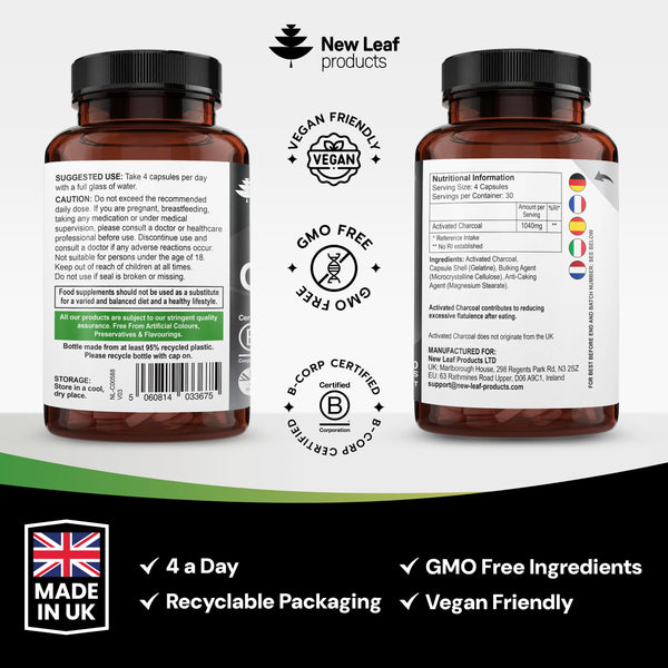 Activated Charcoal Capsules - 120 High Strength Activated Charcoal Tablets Alternative - 1040mg Per Serving, Helps Reduce Excessive Flatulence After Eating - Made in UK By New Leaf