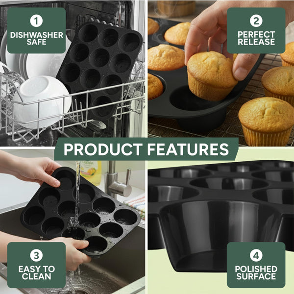 Zuvo Silicon Muffin Tray 12 Cups - Non Stick Black Baking Mold for Cupcakes and Brownies (23x31cm) - Perfect Baking Tray