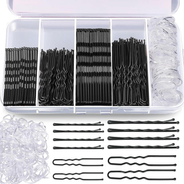 Aucuu 300 Pcs Bobby Pins Kit, Hair Pins for Women, Hair Grips, 100 Black Waved Hair Pins (50pcs L+50pcs S), 100 Black U Shaped H-air P-ins, 100 White Elastic Bands, with Storage Box