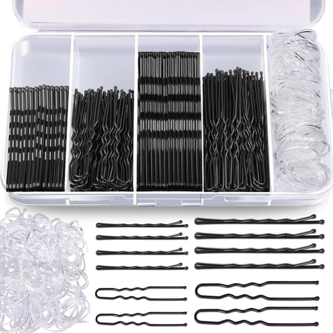 Aucuu 300 Pcs Bobby Pins Kit, Hair Pins for Women, Hair Grips, 100 Black Waved Hair Pins (50pcs L+50pcs S), 100 Black U Shaped H-air P-ins, 100 White Elastic Bands, with Storage Box