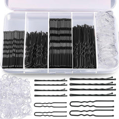 Aucuu 300 Pcs Bobby Pins Kit, Hair Pins for Women, Hair Grips, 100 Black Waved Hair Pins (50pcs L+50pcs S), 100 Black U Shaped H-air P-ins, 100 White Elastic Bands, with Storage Box