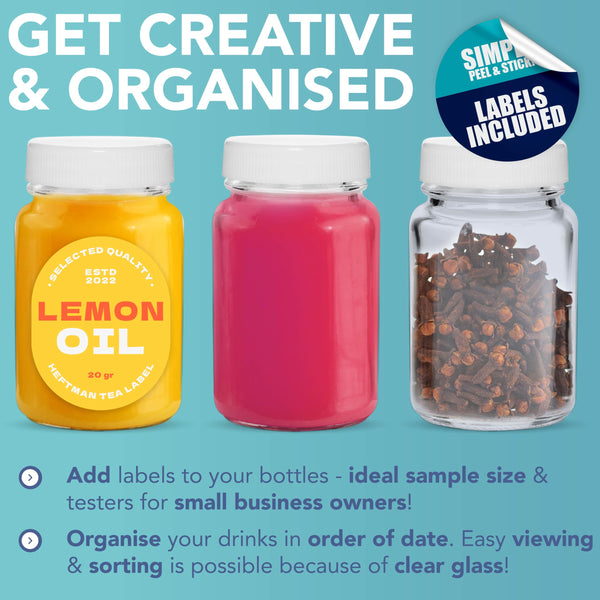 HEFTMAN Glass Shot Bottles with Lids - 12 Pack 60ml Empty Mini Bottles for Ginger Shots with Cleaning Brush & Labels - Reusable, Clear, Airtight - Ideal for Juice, Oils, Sauces, Medicine