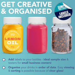 HEFTMAN Glass Shot Bottles with Lids - 12 Pack 60ml Empty Mini Bottles for Ginger Shots with Cleaning Brush & Labels - Reusable, Clear, Airtight - Ideal for Juice, Oils, Sauces, Medicine