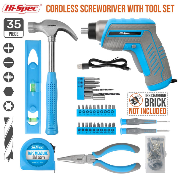 Hi-Spec 35PC General Household Tool Kit Set with 3.6V USB Electric Power Screwdriver - Essential DIY Hand Tools for Everyday Repairs, Maintenance, and New Home Essentials