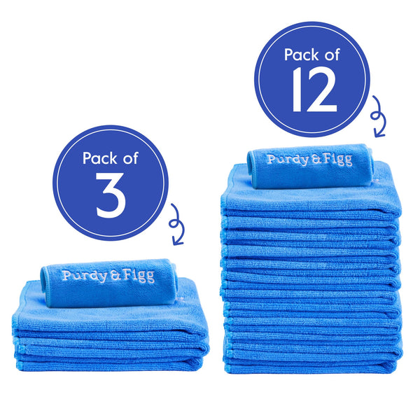 Microfiber Cloth l Purdy and Figg l Super Soft Streak-Free Multipurpose Polishing Premium Cleaning Cloth l Lint Free, Scratch-Free, Super Absorbent, Reusable Washable Cloth l Blue l Pack of 12