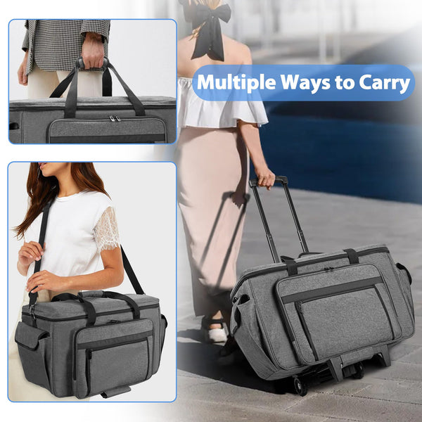 CURMIO Embroidery Sewing Machine Carrying Case with Wheels, Rolling Embroidery Machine Tote Bag with Bottom Support Board for Embroidery Machine and Sewing Supplies, Grey