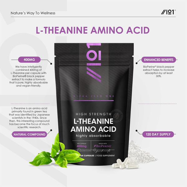 L-Theanine 400mg with BioPerine - 120 Capsules - Highly Bioavailable - Resealable and Recyclable Pouch - 6 Months Supply - by Alpha01