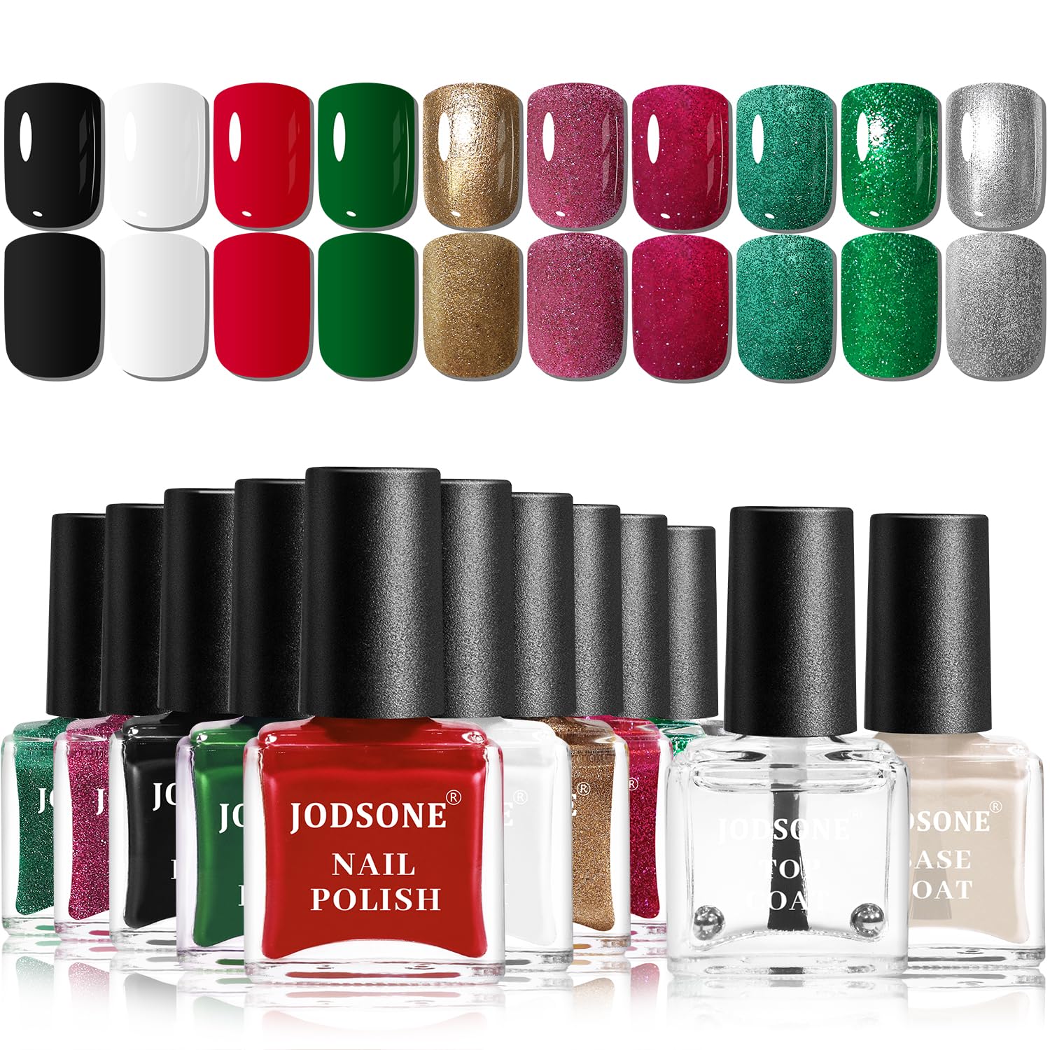 JODSONE Nail Polish Set & Nail Varnish Sets, 10 Colours with Base Coat & Top Coat, Quick Dry Solid & Glitter Nail Polish Kit for Home Salon DIY Manicure Nail Art, Gifts for Women & Girls