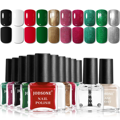 JODSONE Nail Polish Set & Nail Varnish Sets, 10 Colours with Base Coat & Top Coat, Quick Dry Solid & Glitter Nail Polish Kit for Home Salon DIY Manicure Nail Art, Gifts for Women & Girls