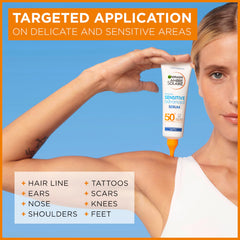 Garnier Ambre Solaire Sun Cream SPF 50+ Sensitive Advanced Serum for Face and Body, Suncreen Factor 50+, UVA & UVB Protect, Suitable for Sensitive Skin, with Ceramide, Water Resistant, 125ml
