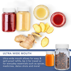 HEFTMAN Glass Shot Bottles with Lids - 12 Pack 60ml Empty Mini Bottles for Ginger Shots with Cleaning Brush & Labels - Reusable, Clear, Airtight - Ideal for Juice, Oils, Sauces, Medicine