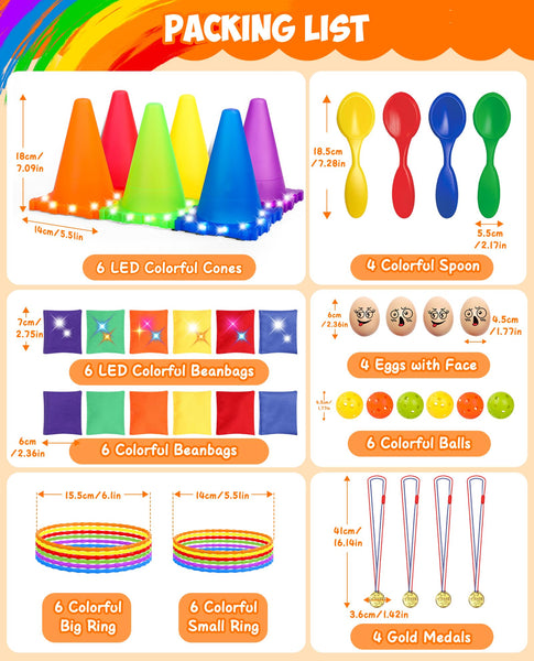 Eocolz 49PCS Carnival Games Outdoor Combo Set for Kids with LED Light, Plastic Cones Obstacle Course Bean Bags Balls Ring Toss Game Egg and Spoon Race Lawn Game, Gift for Birthday Party/Xmas/Easter