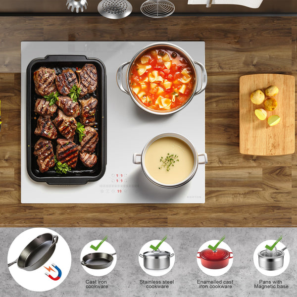 NOXTON White Induction Hob 13AMP Plug, 2800W 4 Zone Flex Induction Hobs 60cm Touch Control, with Safety Lock,White Ceramic Glass