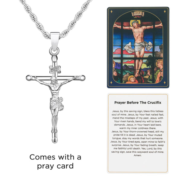 NORBU 925 Sterling Silver Crucifix Necklace for Men/Women, Religious Jewelry Gift for Baptism/Confirmation, Hypoallergenic Jesus Cross Pendant with Secure Lobster Clasp, Rope Chain, 20 inch