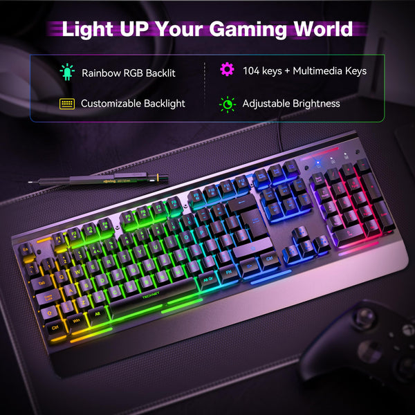 TECKNET RGB Gaming Keyboard UK Layout, USB Wired Computer Keyboard with 15-Zone RGB Illumination, All-Metal Panel, 25 Anti-ghosting Keys, 105 Keys, IP32 Water & Dust Resistant, 90% Quiet Keyboards