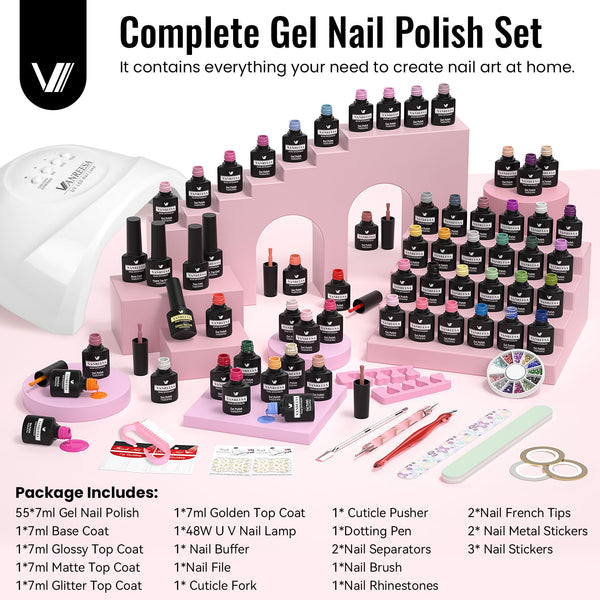 VANREESA Gel Nail Polish Set, 77 PCS Gel Nail Kit with U V Lamp 55 Colours White Nude Pink Gels Polish Set with Base and Top Coat Manicure Tools Nail Salon Sets DIY at home Gifts for Women