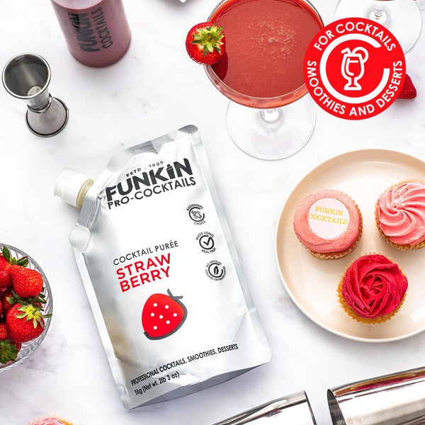FUNKIN Strawberry Puree Cocktail Mixer | Made with Real Fruit | Fresh Fruit Puree for Professional Cocktails, Smoothies, & Desserts | 0% ABV | Resealable Pouch | 1kg, Pack of 1