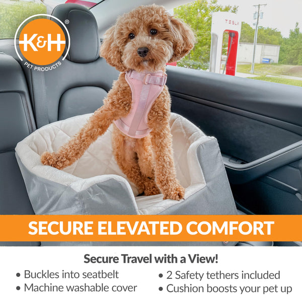 K&H Pet Products Bucket Booster Dog Car Seat with Dog Seat Belt for Car, Washable Small Dog Car Seat, Sturdy Dog Booster Seats for Small Dogs, Medium Dogs, 2 Safety Leashes, Small Gray/Cream