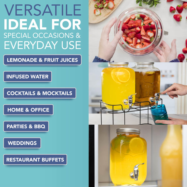 HEFTMAN Glass Drink Dispenser with Tap - 2 x 4 Litre Mason Jar Drink Dispenser with Leakproof Tap & Metal Wire Stand - Drinks Dispenser, Cocktails, Empty Beverage Dispenser