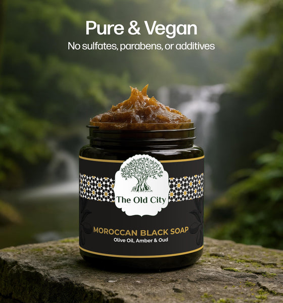 Moroccan Black Beldi Soap – Olive Oil, Oud & Amber – Traditional Hammam Cleanser – Detoxifying & Moisturising – Vegan, Natural, Whole Body Use (250 ml, Oud & Amber)