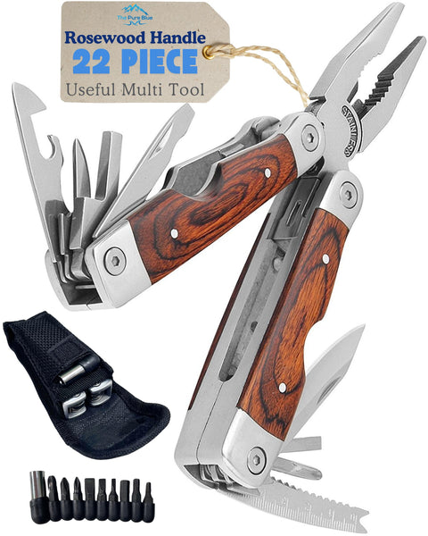 Rosewood Multi Tool, 22 in 1 Tools, Tough Belt Pouch, Needle & General Pliers, Wirecutter, Screwdrivers - Phillips & Flathead, 10 Piece Bit Set, File, 2 Inch Rule, Can Opener, Bottle Opener