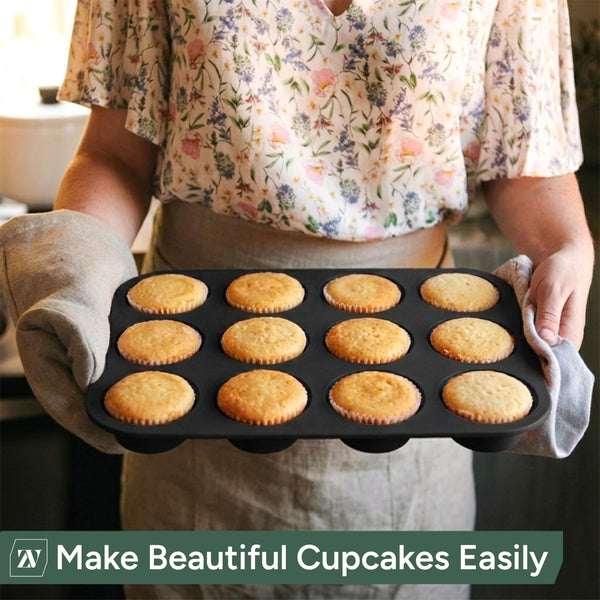 Zuvo Silicon Muffin Tray 12 Cups - Non Stick Black Baking Mold for Cupcakes and Brownies (23x31cm) - Perfect Baking Tray