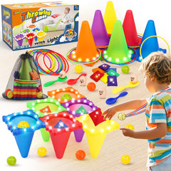Eocolz 49PCS Carnival Games Outdoor Combo Set for Kids with LED Light, Plastic Cones Obstacle Course Bean Bags Balls Ring Toss Game Egg and Spoon Race Lawn Game, Gift for Birthday Party/Xmas/Easter