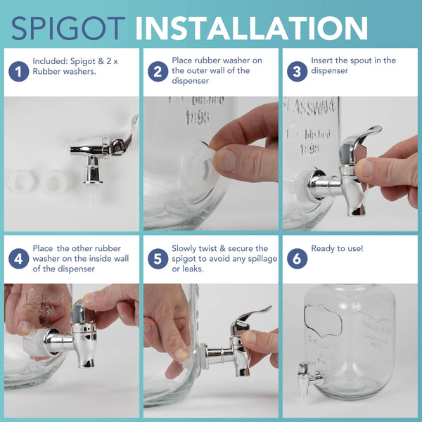 HEFTMAN Glass Drink Dispenser with Tap - 2 x 4 Litre Mason Jar Drink Dispenser with Leakproof Tap & Metal Wire Stand - Drinks Dispenser, Cocktails, Empty Beverage Dispenser