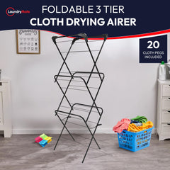Laundry Mate 3-Tier Clothes Airer with 20 Pegs – Foldable Laundry Drying Rack with Non-Slip Feet - Durable Steel Frame, Extra Large Drying Space - Ideal For Indoor & Outdoor (Black)