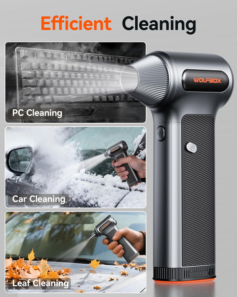 WOLFBOX MF200 Compressed Air Duster with Removable Battery, Super Power Cordless Blower - 3-Speed Adjustable, Long Life Mini Air Duster with 4 Nozzles for Computer Keyboard, Car Cleaning, Outdoor Use