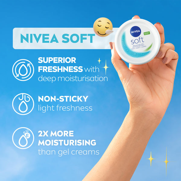NIVEA Soft Moisturising Cream (200ml), 48H Face Moisturiser, Body and Hands with Vitamin E and Jojoba Oil, Hand Moisturiser, Vegan Formula Day Cream