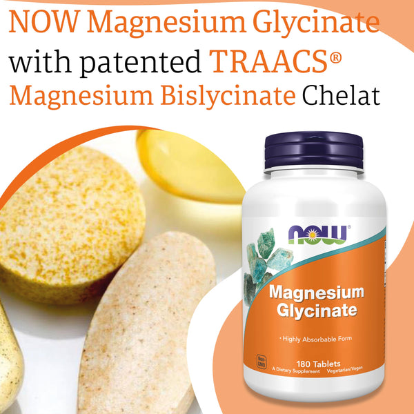 Now Foods, Magnesium Glycinate, 200mg Magnesium, 180 Vegan Tablets, Lab-Tested, Vegetarian, Gluten Free, Soy Free, Non-GMO